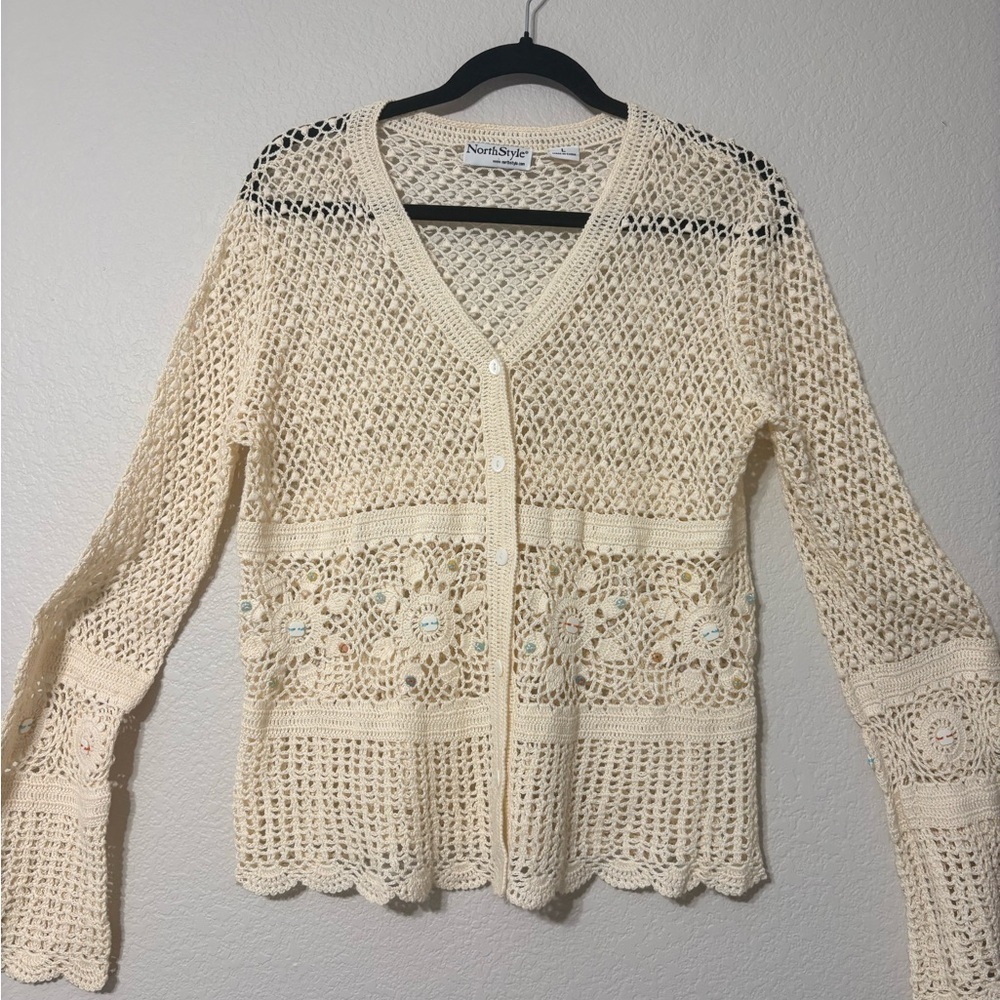 NorthStyle Cream‎ Crochet Open Knit Coastal Boho Cardigan Scalloped Edges Beaded - Picture 2 of 16